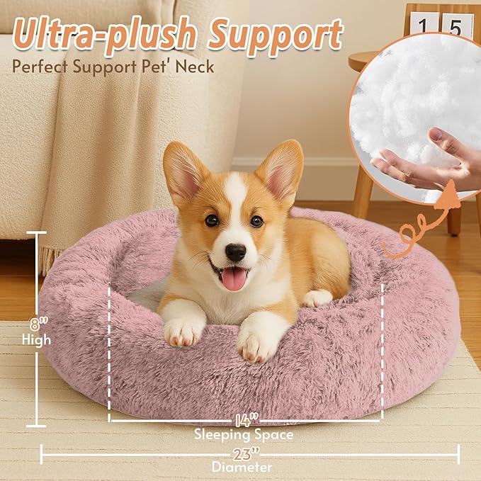 JOLLYVOGUE Calming Dog Bed for Small Dogs - 23 inches Donut Washable Small Dog Bed for Kittens & Puppies, Anti-Slip Round Fluffy Plush Faux Fur Cat Beds (Fits up to 25 lbs Pets, Dark Pink)