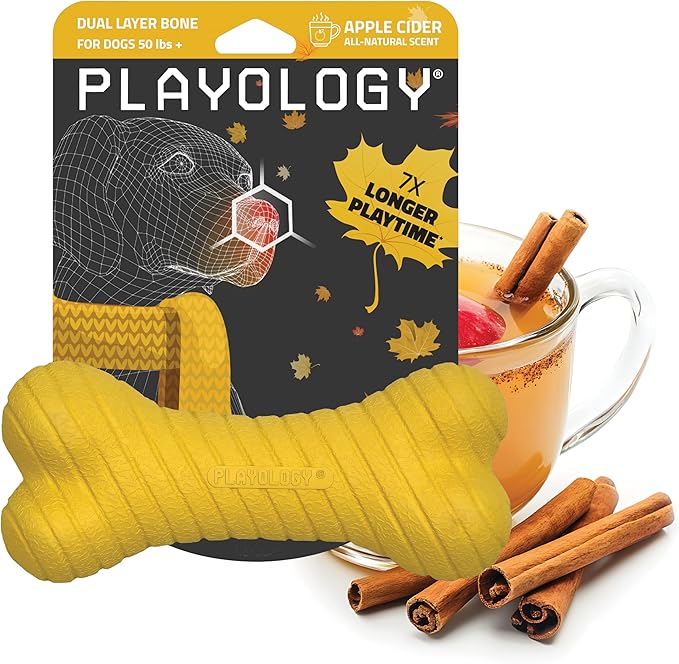 Playology Dog Toys | Dual Layer Bone Durable Chew Toy Bone for Dogs | Jumbo Apple Cider Scented Toy - Limited Edition Fall Scent | Easy to Clean and Made from Non Toxic Materials