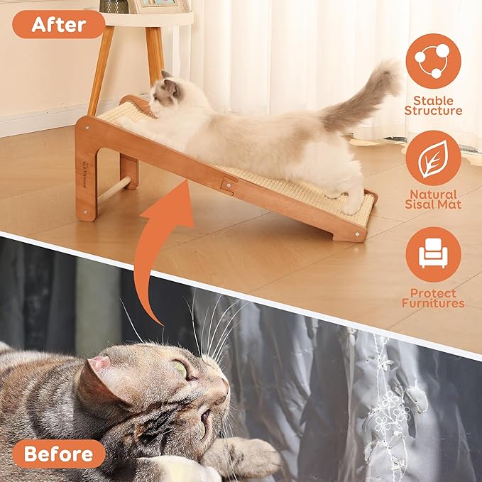 Sisal Cat Scratcher Ramp for Indoor Cats - Beechwood Base, 28.5" Natural Sisal Woven Cat Scratch Pad, Durable Cat Scratching Post, Furniture Protector for Cats' Clawing and Play