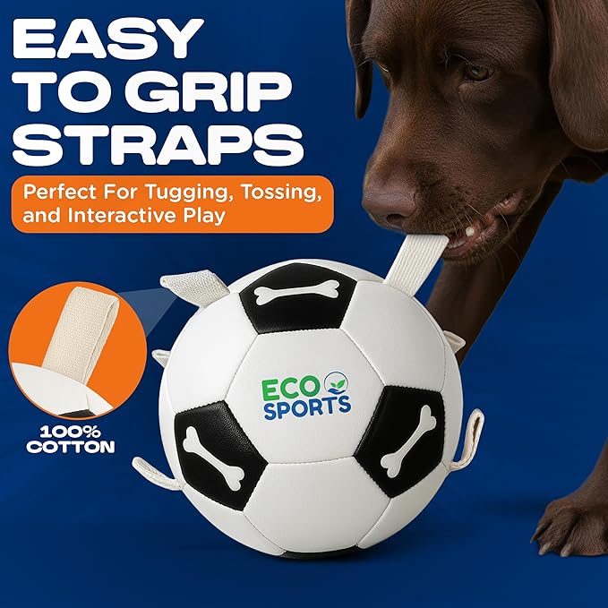 Eco Sports Dog Soccer Ball with Straps – Interactive Durable Dog Soccer Ball with Cotton Grab Tabs for Fetch Training and Outdoor Play, Pet Birthday Gift