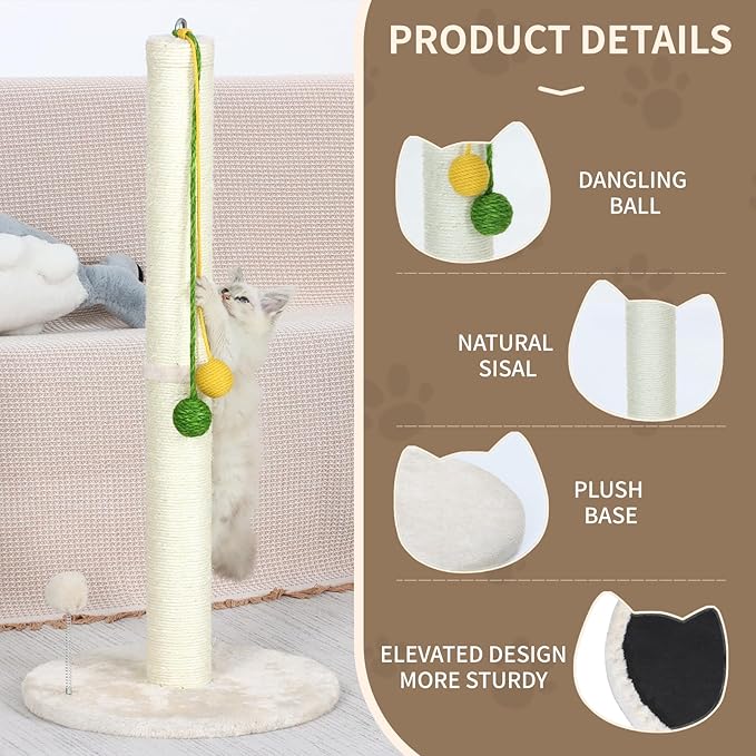 Simple cat Scratching Post Cat Scratcher 33.4 inch Tall Scratching Post with Sisal Rope for Indoor Kitten and Large Cats sisal cat Scratcher with Hanging Ball for Playing