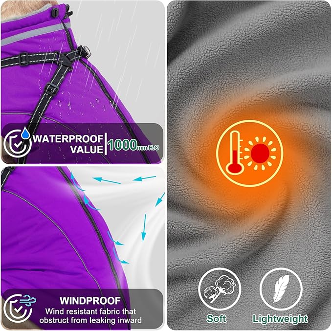 Fragralley Dog Coat with Harness Built in, Waterproof Windproof Reflective Warm Puffer Jacket, Fleece Lined Vest Winter Parka for Small, Medium, Large Dogs