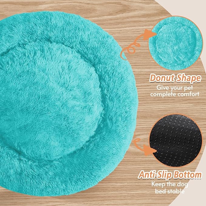 JOLLYVOGUE Calming Dog Bed Medium Size Dog, Anti-Anxiety Donut Medium Pet Bed, 31 inches Fluffy Faux Fur Round Cat Bed, Fits up to 45 lbs Pets (Aqua Blue)