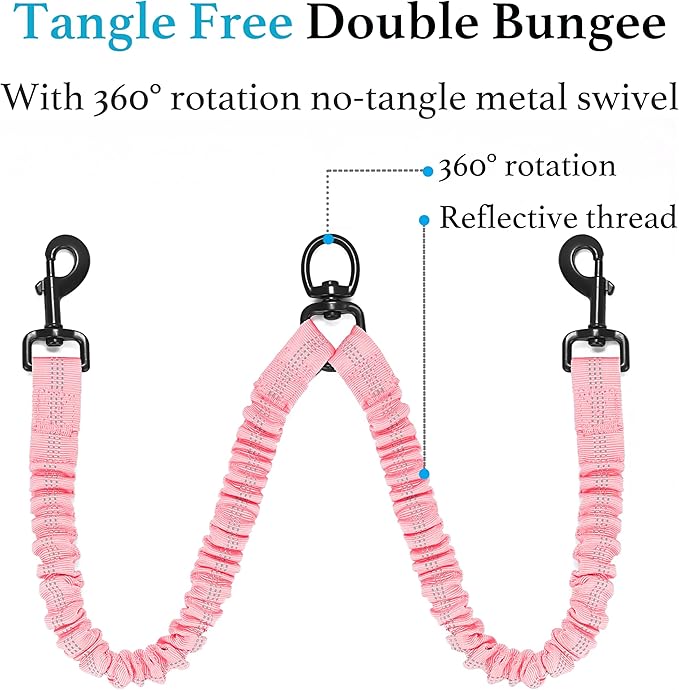 iYoShop Dual Dog Leash - 360° Swivel, No Tangle Walking Leash with Shock Absorbing Bungee for Two Dogs (Medium, 8-35 lbs, Baby Pink)