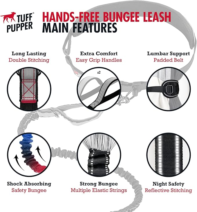 Tuff Pupper Heavy Duty Hands Free Dog Leash | One Small/Medium Dog Up to 45 lbs | Comfortable Shock Absorbing Bungee | Reflective Padded Handles | Lumbar Waist Belt 26-38" | Jogging Running Leash