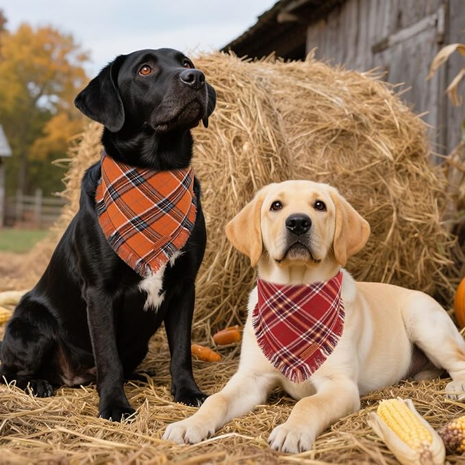 PTDECOR Fall Dog Bandanas with Tassels Edges, Orange and Brown Plaid Scarf Bib, Halloween Thanksgiving Autumn Pet Bandana, Reversible Triangle Bandanas for Extra Large Dogs (X-Large)
