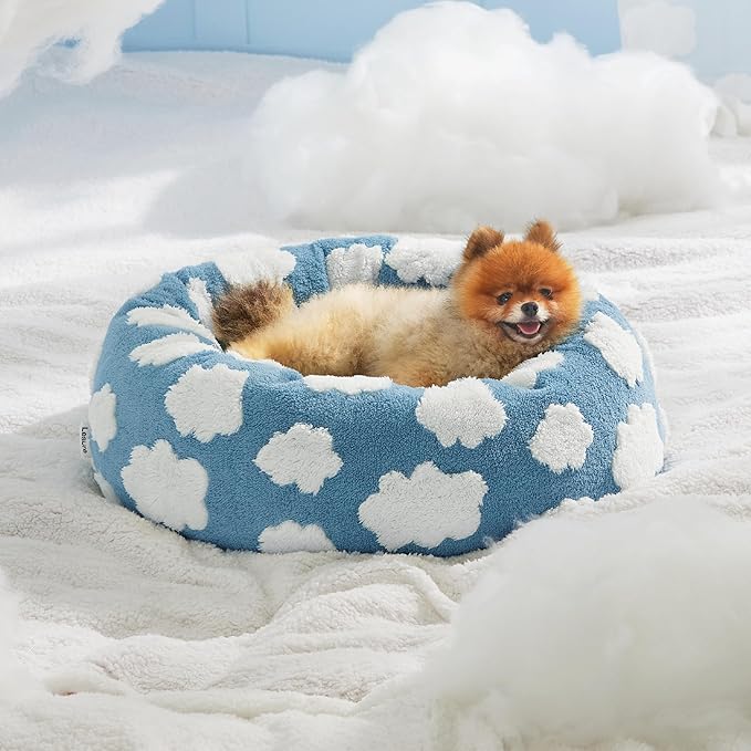 Lesure Shown on TV Donut Dog Beds for Small Dogs - Calming Cat Beds for Indoor Cats as Christmas Bed Gift with Washable Cover, Round Home Decor Cute Pet Beds with Jacquard Shaggy Plush, 23 Inch, Blue