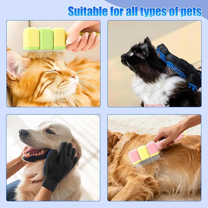 9 PCS Multifunctional Pet Grooming Brush Set for Dogs & Cats – Deshedding Gloves, Hair Removal Combs, Spray Bottle & Lice Flea Combs, Essential Bathing,Brushing & Shedding Tool Kit for Dog & Cat Care