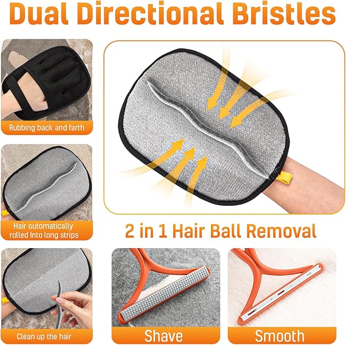 3 pcs Pet Hair Removal Glove for Dogs and Cats (2 Pack Mit, 1 Lint Scraper) - Electrostatic Fur Remover, Magic Brush Pet Hair Remover Tool for Laundry, Cloths, Carpet, Car Mats, Sofa & Bedding