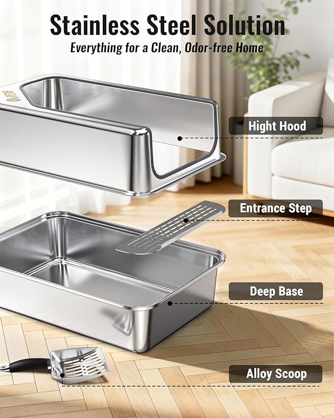 PETNF All Metal Cat Litter Box - All Stainless Steel Litter Box, Odor-Free Large Capacity with Included Litter Scoop, Leak-Proof High-Sided, Easy-to-Maintain for Big Cats & Multi-Cat Homes (1 Pack)