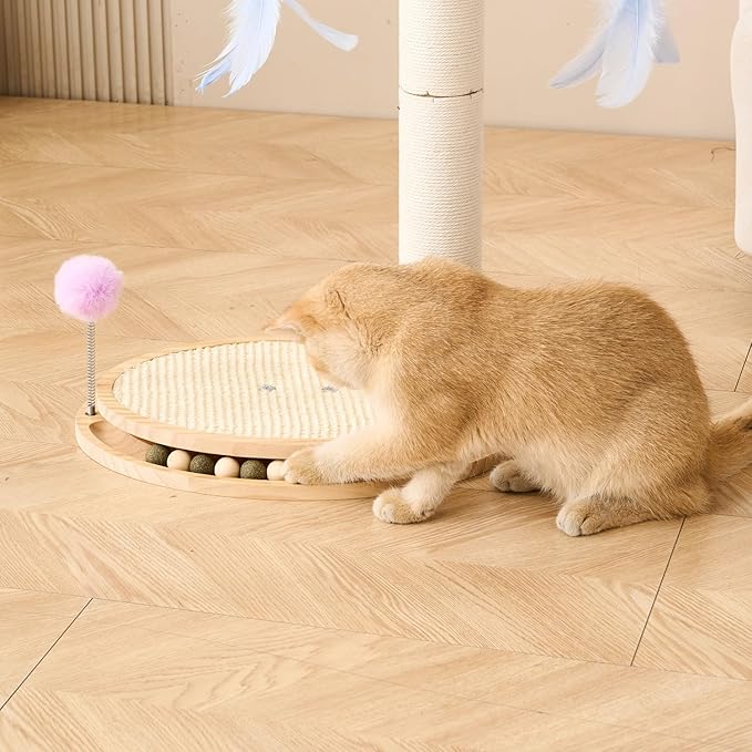 SHENGOCASE Cat Tree Scratching Post Scratcher, 26 Inch Tall, Solid Wood Base,Sisal Rope, Interactive Ball Track and Spinning Wand Feather Toys, Scratch Pad