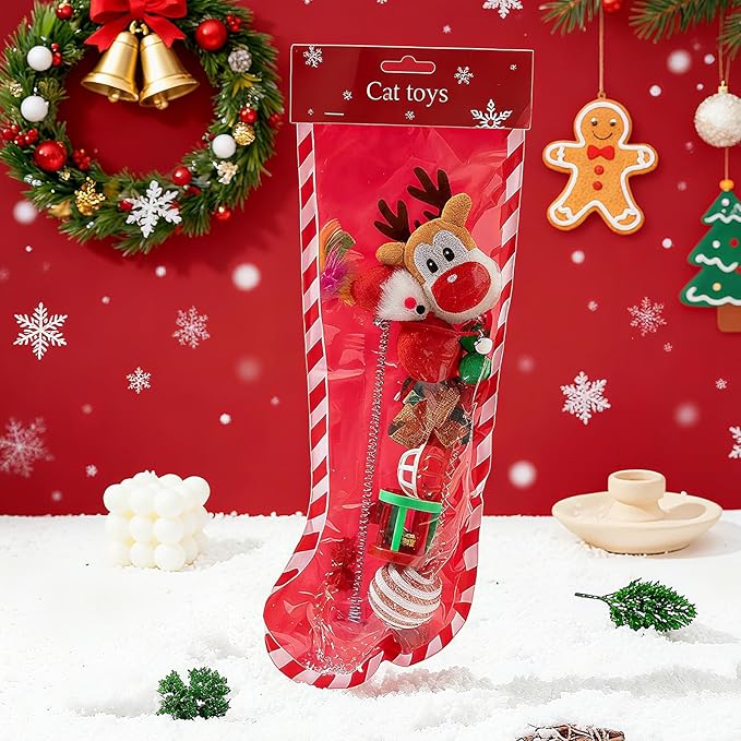 Walfront 8PCS Christmas Cat Toys, Cat Christmas Stocking Toy Set for Indoor Cats & Kittens, Includes Santa, Reindeer, Balls and Spring Toy, Interactive Cat Chew Toy, Holiday Fun and Active Play