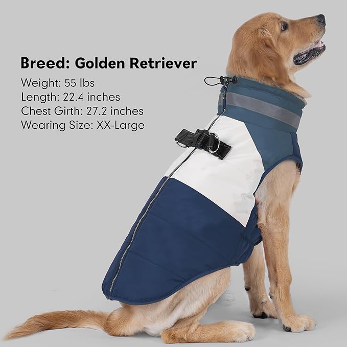 azuza Dog Coats for Large Dogs Waterproof Dog Coat with Reflective Strips and Harness Built in Warm Fleece Dogs Winter Coat Windproof with Back Zipper, Navy 3XL