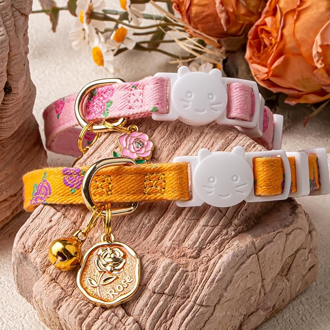 2 Pack Cotton Breakaway Cat Collar Yellow and Pink Rose Pendant Cute Kitten Cat Collar with Bell