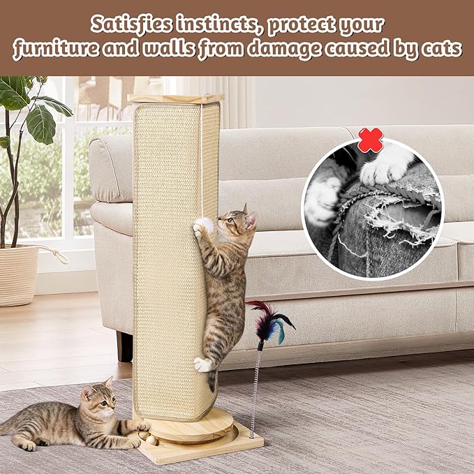 Couch Corner Cat Scratcher, 31'' Tall Cat Scratching Post with Interactive Ball Toys, Replaceable Sisal Scratch Pad for Indoor Cats, Furniture Protector for Sofa Wall