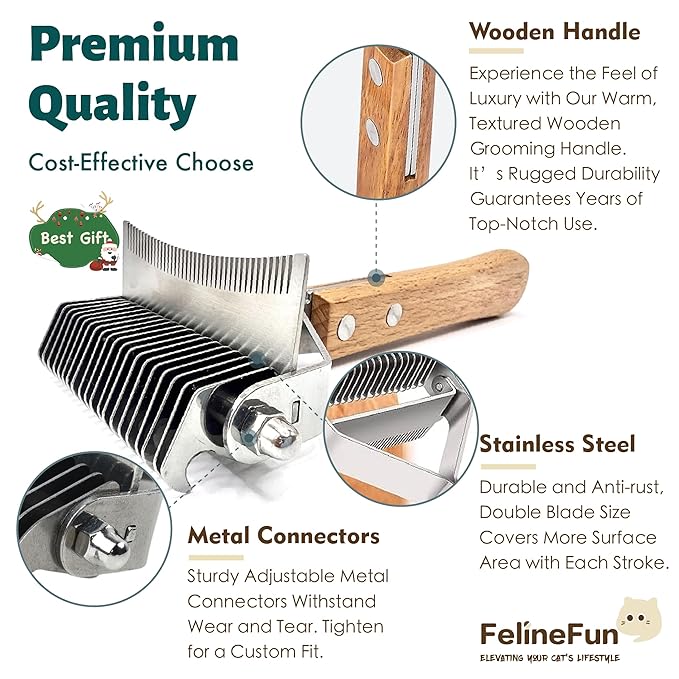 FelineFun Cat Brush for Dematting & Deshedding, 2 in 1 Undercoat Rake, Efficiently Remove Loose Hair & Matted Fur, Professional Shedding Comb for Indoor Cats & Long Haired Cats