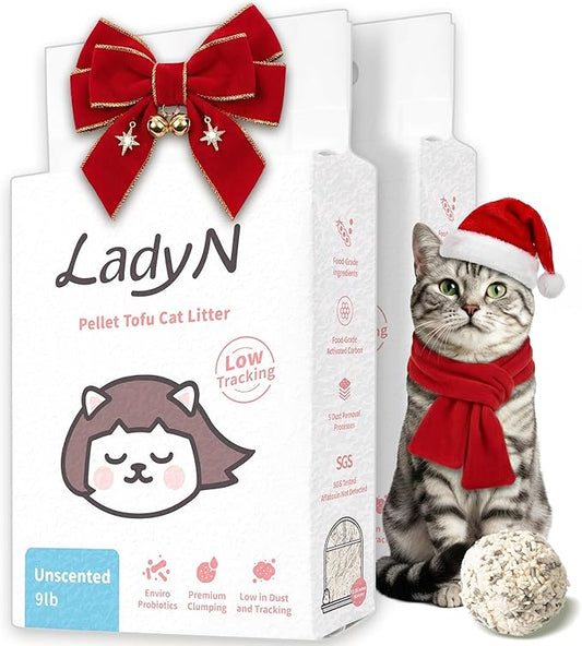 Lady N Pellet Tofu Cat Litter, Strong Clumping Ultra Absorbent, Dust-Free Low Tracking, Enviro-probiotic and Activated Carbon for Odor Control 18lb (2 Packs Unscented)