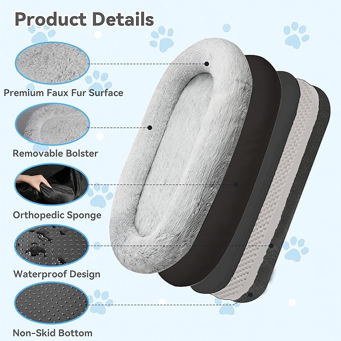 71"x44"x12.5" Human Dog Bed for Adult Faux Fur Washable Human Dog Bed Portable Handle, Egg Orthopedic Foam Human Bed Extra Large with Present Blanket Grey