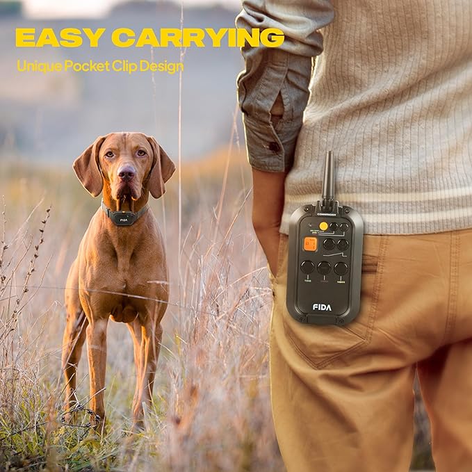 Fida Dog Shock Collar with Remote 3/4 Mile Range E Collar for Dogs Training, IPX7 Waterproof Rechargeable Dog Training Collar for Medium Large Dogs with 3 Modes: Viberation/Beep/Safe Shock(16 Levels)