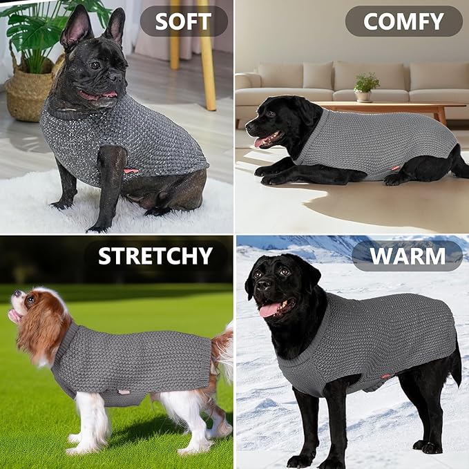 KYEESE Dog Sweater for Large Dogs with Leash Hole Warm Pullover with Reflective Yarn Male Thick Stretchy Knitwear Winter Soft Pet Coat boy for Cold Weather Comfy Dog Sweaters,Grey,XXX-Large