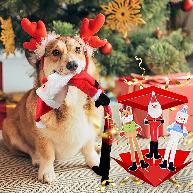 3-Pack Christmas Dog Toys, Tough Dog Squeaky Toys Plush Dog Chew Toys Bundle, Interactive Xmas Dog Toys for Puppy Small Medium Large Dogs