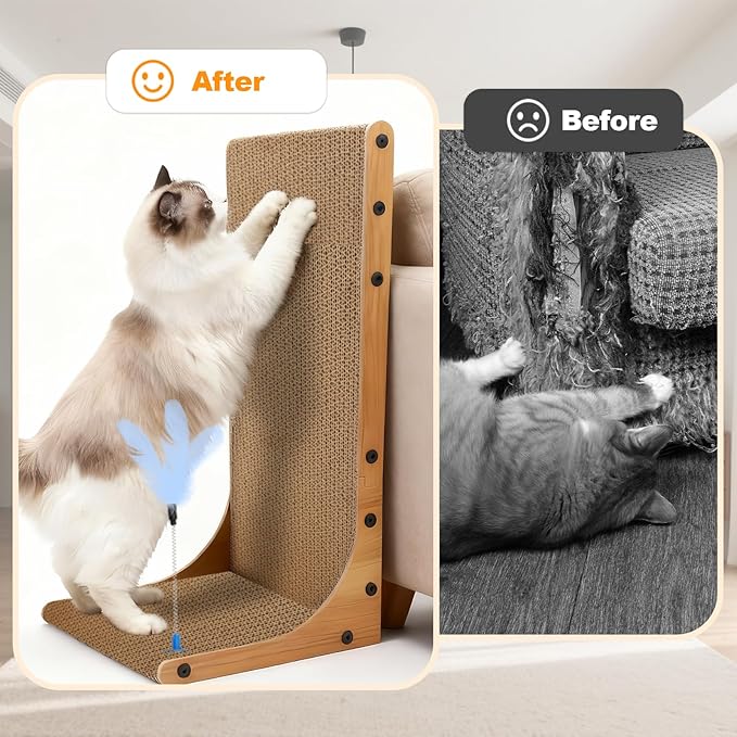 Cat Scratching Post, 3-in1 Scratching Board for Indoor Cats, 2PK 22in L-Shaped Cat Scratcher with 1PK Cardboard Box Scratch Pad, Cats Scratch Furniture Protector with Feathered Toy