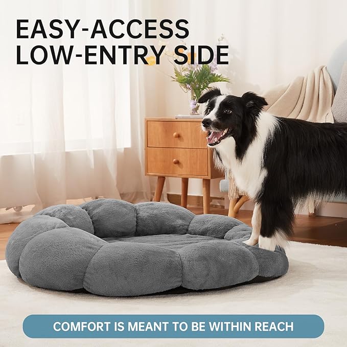 OhGeni 36 inches Calming Donut Orthopedic Dog & Cat Bed for Large Pets, Warming Comfort Fluffy Short Pile Fur, Durable Waterproof Machine Washable Removable Cover, Round Bed for Puppy, Dark Gray