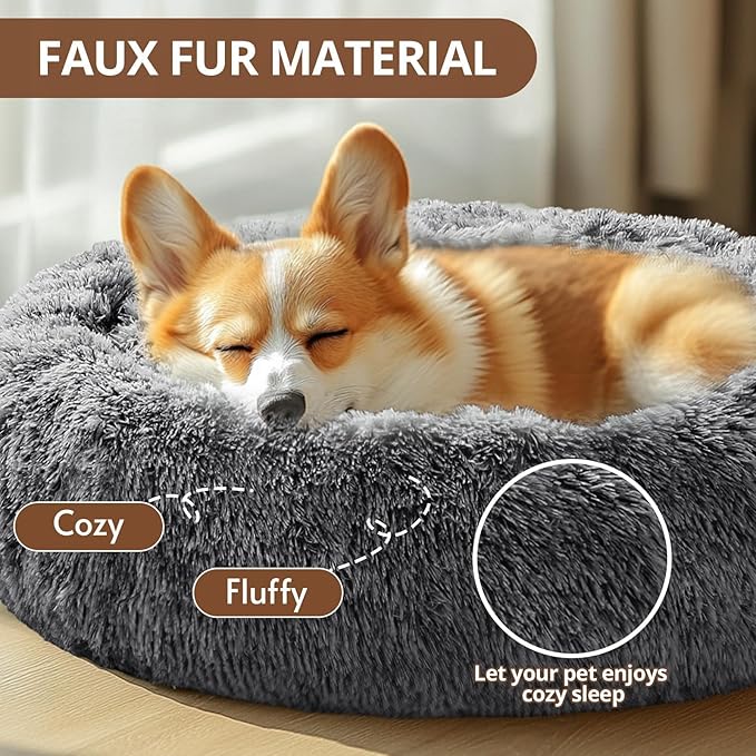 JOLLYVOGUE Calming Dog Bed Medium Size Dog, Anti-Anxiety Donut Medium Pet Bed, 27 inches Fluffy Faux Fur Round Cat Bed (Smoke Black)