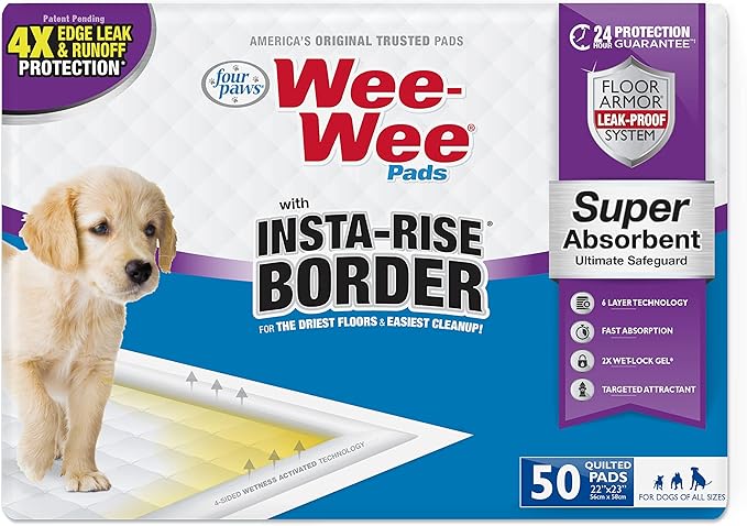 Four Paws Wee-Wee Super Absorbent Unscented Pee Pads for Dogs & Puppies with Insta-Rise Border, Leak-Proof Dog Housebreaking Potty Training Floor Protection, 22" x 23", 50 Count