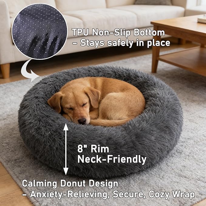 Calming Donut Dog Beds for Small Dogs Cats - Washable Removable Cover Non-Slip Bottom, Round Pet Bed Puppy Bed Warming Fluffy Faux Fur Anti-Anxiety, Fits up to 25 lbs (Dark Grey, 23")
