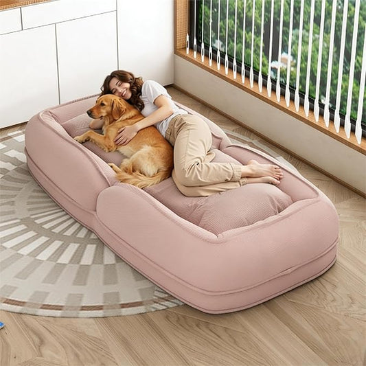 KEIKI Human Dog Bed for Adults, Giant Corduroy Plush Dog Bed with Adjustable Recliner, Foldable Nest Sofa Couch with Pillows for Bedroom or Living Room, Pink