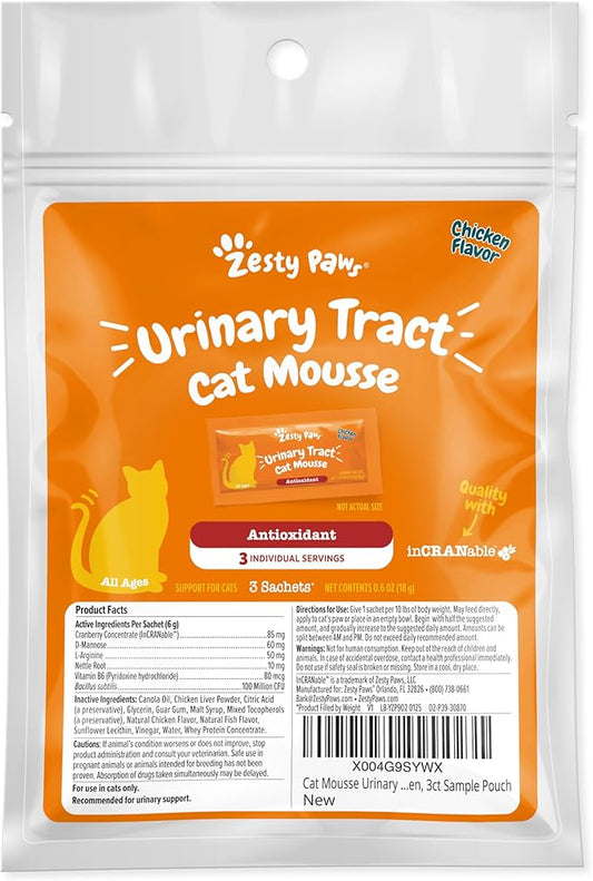 Zesty Paws Urinary Tract Mousse for Cats - Cranberry & D-Mannose - Kidney, Bladder & Urinary Tract Health - Cat Supplement with Vitamin B6, Live Bacteria & L-Arginine - Immune & Gut Support - 3ct