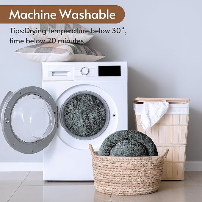 JOLLYVOGUE Calming Dog Bed Medium Size Dog, Anti-Anxiety Donut Medium Pet Bed, 27 inches Fluffy Faux Fur Round Cat Bed (Navy Grey)