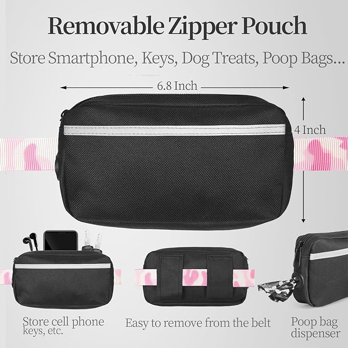 iYoShop Hands Free Dog Leash with Zipper Pouch, Dual Padded Handles and Durable Bungee for Walking, Jogging and Running Your Dog (White-Pink Mix, Large)