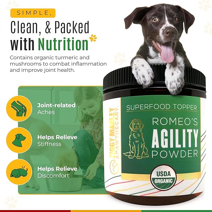 Organic Agility Superfood Powder for Dogs & Cats – Support Agility & Mobility - USDA Organic Bone Broth, Turmeric, & 3 Functional Mushrooms