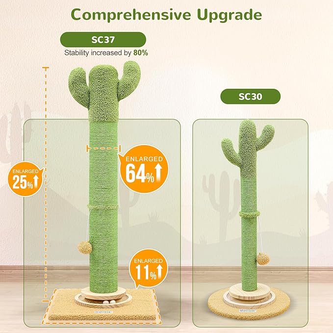 Globlazer Extra Thick Scratching Posts for Indoor Large Cats Adults, 37inch Cactus Cat Scratching Post Cat Scratcher Cute Sisal Scratching Post with Modern Wooden Ball Tracking Interactive Toys, SC37