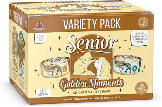 Weruva Senior Cat Food, Golden Moments Variety Pack, 5.5oz Can, Pack of 12