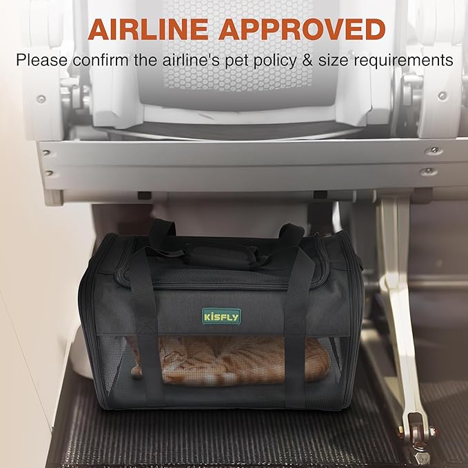 Airline Approved Cat and Small Dog Carrier 17"x11"x9.5"– Soft-Sided, Foldable Under-Seat Travel Bag for Pets up to 12 lbs, Top-Loading, Scratch-Resistant Mesh, Black