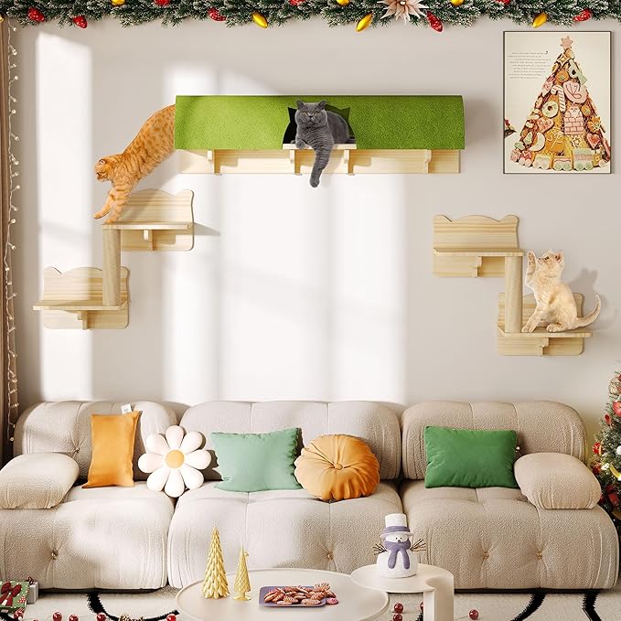 Cat Wall Shelves, 7-in-1 Solid Wood Wall-Mounted Cats Furniture Set with Scratching Post, Cat Climbing Wall Systems with 40''L Tunnel, Steps, Cats Shelf Furniture