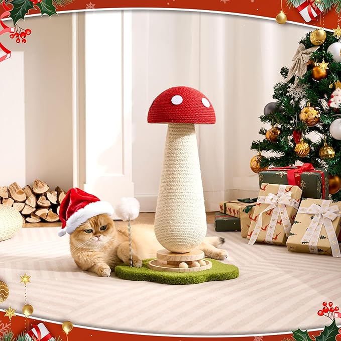 Mushroom Cat Scratching Post Cat Tree, 21.5‘’ H Cute Cat Scratcher Tower with Durable Solid Wood Turntable Toy, Mushroom Scratch Post Cat Sisal Scratcher with Catnip for Indoor Adult Cats