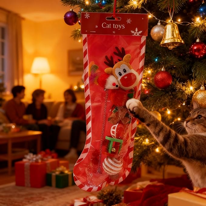 Walfront 8PCS Christmas Cat Toys, Cat Christmas Stocking Toy Set for Indoor Cats & Kittens, Includes Santa, Reindeer, Balls and Spring Toy, Interactive Cat Chew Toy, Holiday Fun and Active Play
