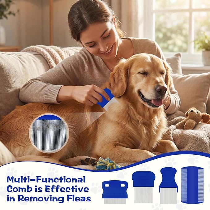 WRW 7 Pack Flea Comb,Stainless Steel Dog Cat Grooming Combs with Rounded Tooth for Remove Fleas Lice Eggs, Double Sided Tear Stain Remover, Dematting Tool for All Types of Small, Medium, Large Pets