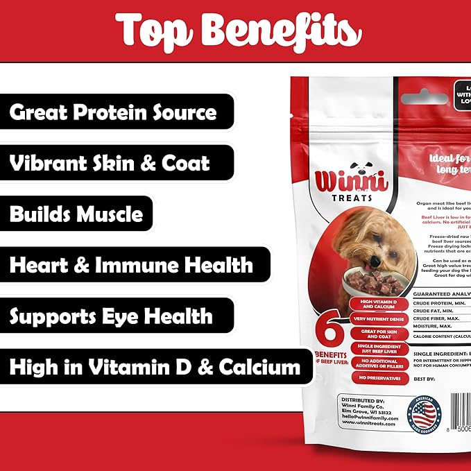 Winni Treats Freeze Dried Raw Beef Liver Dog Treats - Single Ingredient, Preservative-Free, Premium Beef Liver Treats, High in Protein, Calcium and Vitamin D, Low in Fat, Dog Treat Pack (4 Ounces)