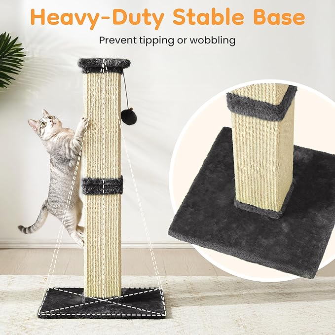 Indoor Cat Scratching Post: 32 in Tall Cat Scratcher with Natural Sisal Rope, Kitty Pet Tower with Sturdy Wood Base and Hanging Ball Toy, Great Gift for Small and Large Kittens, Dark Grey