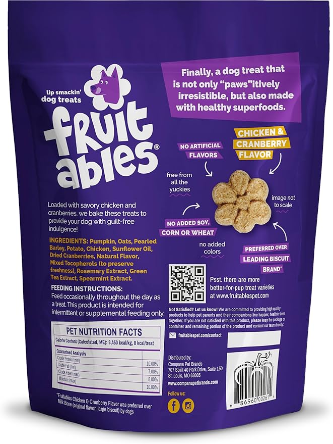 Fruitables Baked Dog Treats, Healthy Pumpkin Treat for Dogs, Low Calorie & Delicious, Free of Wheat, Corn and Soy, Made in The USA, Chicken and Cranberry Flavor, 20 oz
