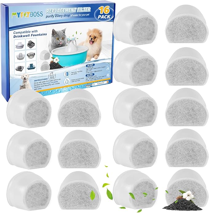 16PCS Carbon Filter Replacement for Cat and Dog Water Fountain - Compatible With Drinkwell Pet Fountain Avalon Pagoda Seascape