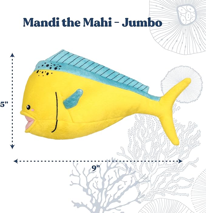 Ocean Collection Dog Toys | Jumbo Sized Mandi The Mahi Mahi | Cute, Durable, & Sustainable Plush Chew Toys for Dogs 50 lbs & up | Eco Friendly & 100% Recycled Materials