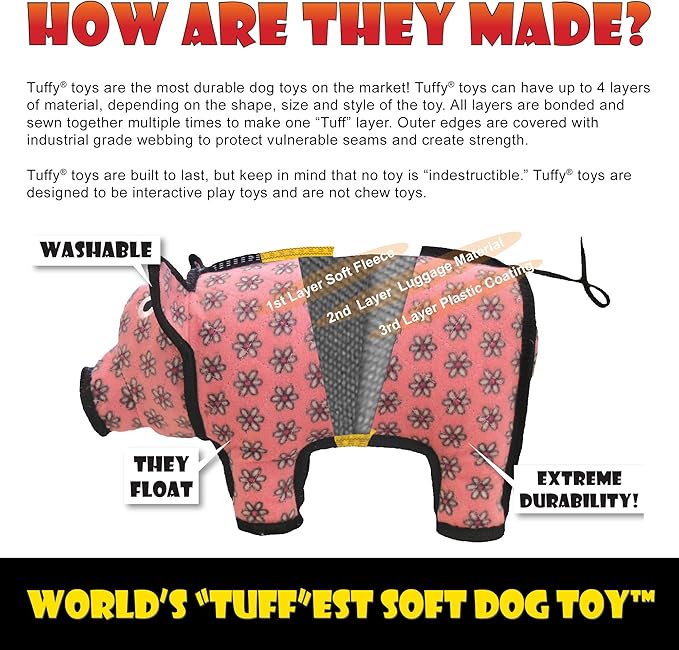 TUFFY - World's Tuffest Soft Dog Toy - Zoo Bear - Squeakers - Multiple Layers. Made Durable, Strong & Tough. Interactive Play (Tug, Toss & Fetch). Machine Washable & Floats