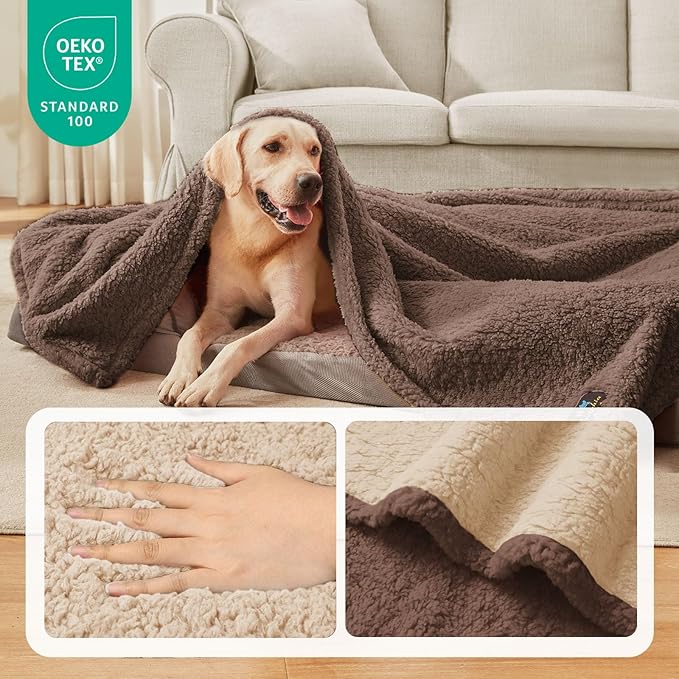 Luciphia Waterproof Pet Blanket for Medium Large Dogs Soft Cat Sherpa Calming Thick Cover Leakproof Cozy Puppy Sofa Bed Car Couch Protector(Beige/Brown,63x50 inches)