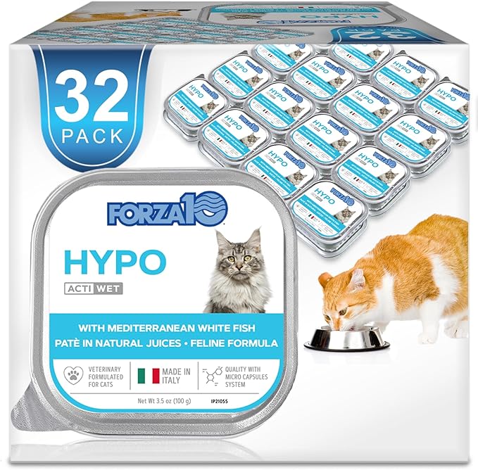 Forza10 - Cat Food, Vet-Approved Hypoallergenic Wet Cat Food, Non GMO, Salmon Flavor, Adult Cats with Allergies, Skin & Coat Support, Made in Italy (3.5 oz, 32 Pack)